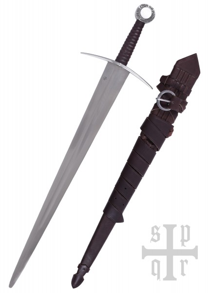 Das Einhandschwert Oakeshott XIV ist ein mittelalterliches Schwert mit Stahlknauf und gerundeter Klinge. Der Ledergriff bietet festen Halt. Der dazugehörige, reich verzierte Schaukampf-Scheide rundet das historische Design ab.