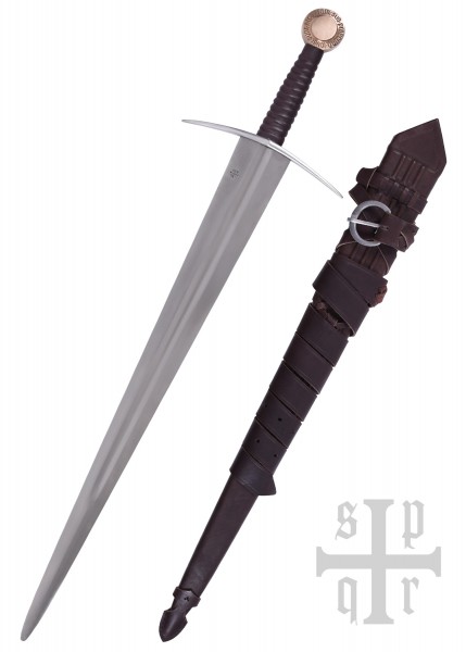 Das Einhandschwert Oakeshott XIV ist ein Schaukampfschwert mit einem Kupferknauf und braunem Griff. Es wird mit einer passenden Scheide präsentiert. Ideal für historische Darstellungen und Reenactments.
