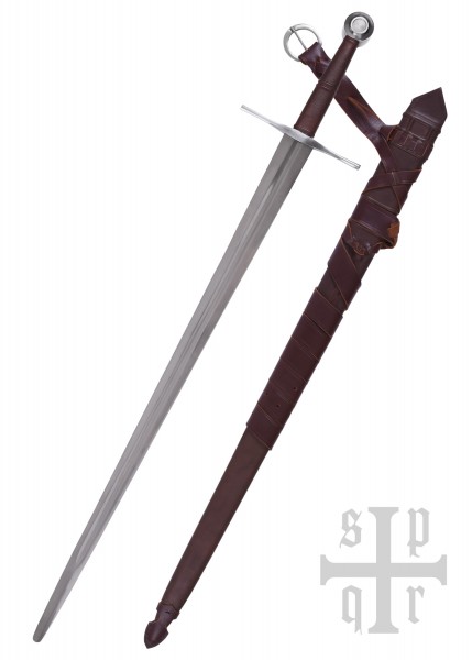 Mittelalterliches Bastardschwert mit brauner Scheide. Das Schwert hat eine silberne Parierstange und einen runden Knauf, während die Scheide eine aufwendige Lederbindung aufweist. Ideal für Schaukampf und historische Darstellungen.