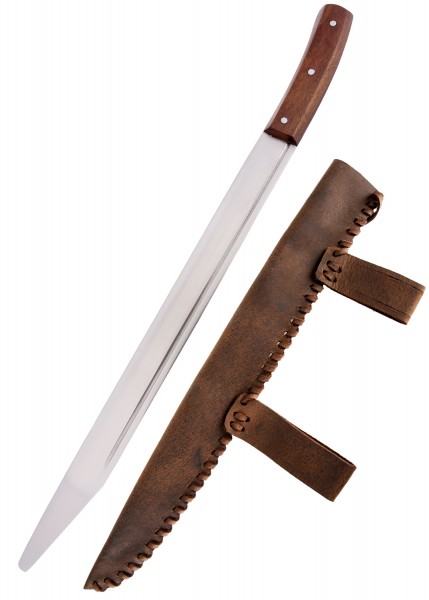 Der abgebildete Skramasax ist ein schaukampftaugliches Mittelalterschwert mit langem, geraden Edelstahlklinge und robustem Holzgriff. Die beiliegende Lederscheide mit handgenähten Details rundet das historische Aussehen ab.
