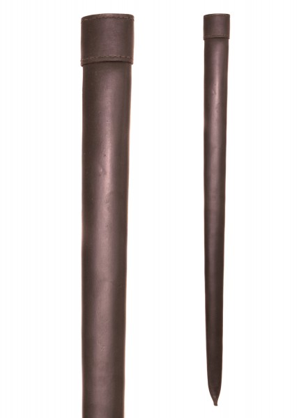 Die Abbildung zeigt eine braune Lederscheide für Schaukampf-Schwerter. Die Scheide besteht aus robustem Leder und ist in zwei Perspektiven dargestellt, die sowohl die obere als auch die untere Hälfte des Schwertbehälters zeigen.