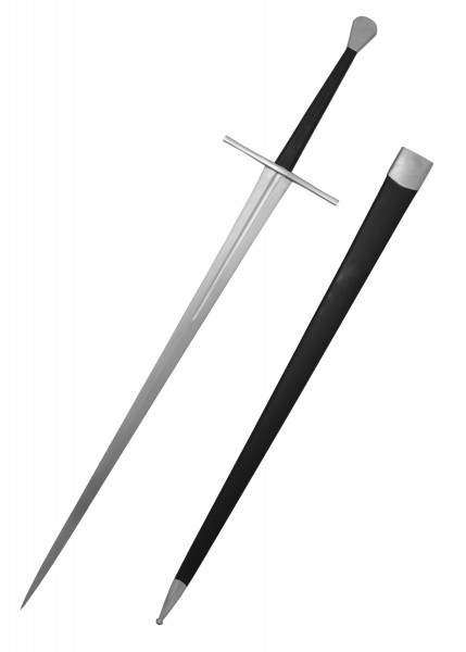 Das Tinker Langschwert mit geschärfter Klinge wird zusammen mit einer schwarzen Scheide gezeigt. Das Schwert hat eine lange, schmale Klinge und ein elegantes Design. Es ist ideal für historische Reenactments und Schwertkampftraining.