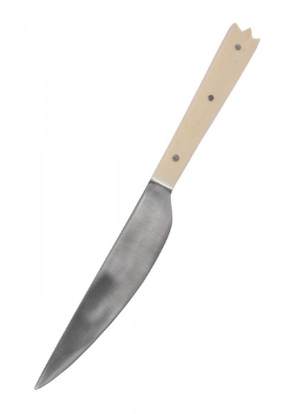 Essmesser mit einem 19 cm langen, glatten Stahlmesser und einem Griff aus Knochen. Das Messer wird mit einer passenden Scheide geliefert, die perfekten Schutz bietet, ideal für mittelalterliche Reenactments oder historische Sammlungen.