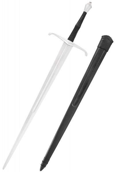 Italienischer Anderthalbhänder mit Scheide, geeignet für Schaukampf. Das Schwert hat eine lange, silberne Klinge, einen schwarzen Griff und wird mit einer passenden schwarzen Scheide geliefert. Ideal für historische Reenactments.