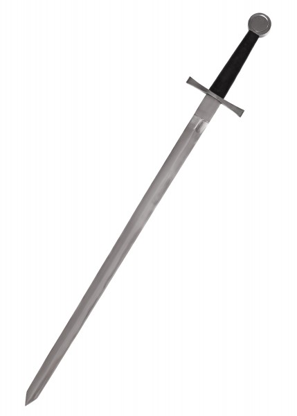 Mittelalterlicher Einhänder mit Scheibenknauf. Dieser in Stahl gefertigte Einhand-Schwert zeichnet sich durch eine gerade Klinge, einen schwarzen Griff und ein kreuzförmiges Parierstück aus. Perfekt für historische Darstellungen und Sammlungen.