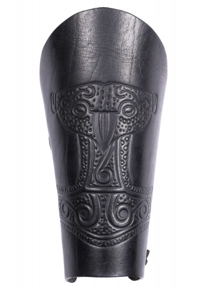 Schwarze Armstulpe mit geprägtem Thorshammer-Design. Aus hochwertigem Leder gefertigt, verleiht sie jedem Outfit einen Hauch von Wikinger-Authentizität. Ideal für Kostüme, Reenactments oder als einzigartiges Kleidungsstück.