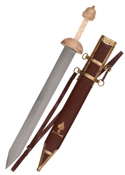 Der Pompeji Gladius ist ein prächtiges Schwert mit einer hölzernen Scheide in dunklem Braun, verziert mit goldenen Details und Riemen. Der Griff des Schwertes besteht aus hellem Holz, was ihm einen klassischen Look verleiht.