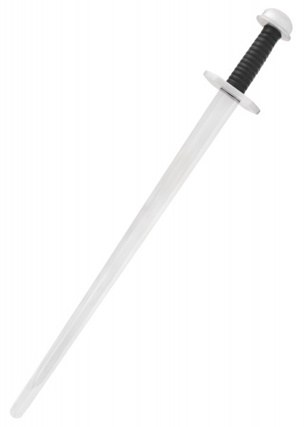 Dieses Wikingerschwert eignet sich für leichten Schaukampf. Es hat eine gerade, silberne Klinge, einen schwarzen Griff und eine weiße Parierstange mit Knauf. Ideal für mittelalterliche Reenactments und Trainingseinheiten.