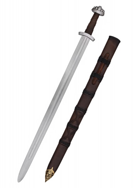Wikingerschwert aus dem 10. Jahrhundert mit passender Scheide. Das Schwert hat eine gerade Klinge mit einem reich verzierten Griff. Die Scheide ist aus dunkelbraunem Material mit goldenen und schwarzen Akzenten gefertigt.