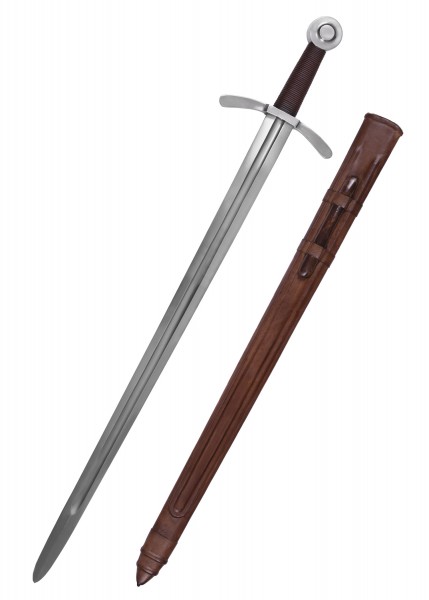 Kreuzritter Scheibenknauf-Schwert mit Scheide. Das Schwert hat eine lange, glänzende Klinge und einen schlichten, braunen Griff. Die Scheide ist aus braunem Leder gefertigt. Ideal für mittelalterliche Reenactments oder Sammlungen.