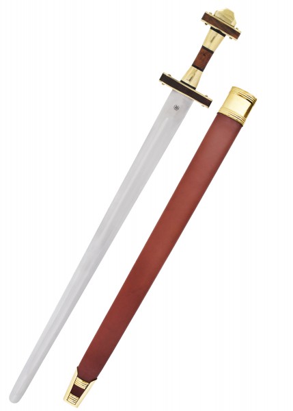 Die Germanische Schaukampf-Spatha SK-B ist ein mittelalterliches Schwert mit einer schlanken Klinge und detailliertem Griffdesign. Die braune Scheide hat goldene Akzente. Geeignet für historische Veranstaltungen und Reenactments.