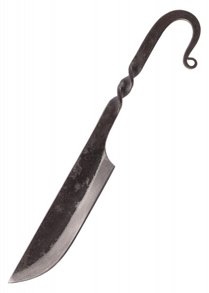 Ein geschmiedetes Mittelaltermesser mit einer Scheide. Das Messer hat eine geschwungene Klinge und einen dekorativen, verdrehten Griff. Ideal für historische Darstellungen oder als Sammlerstück.